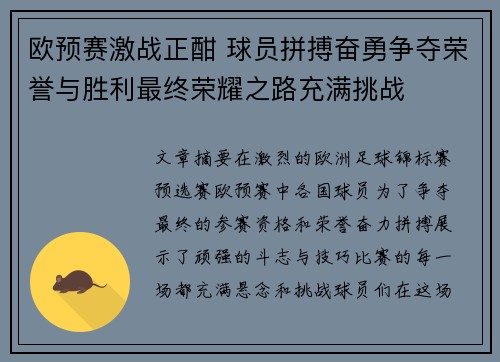 欧预赛激战正酣 球员拼搏奋勇争夺荣誉与胜利最终荣耀之路充满挑战