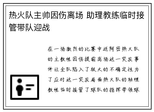热火队主帅因伤离场 助理教练临时接管带队迎战