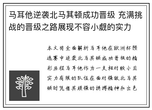 马耳他逆袭北马其顿成功晋级 充满挑战的晋级之路展现不容小觑的实力
