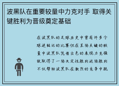 波黑队在重要较量中力克对手 取得关键胜利为晋级奠定基础
