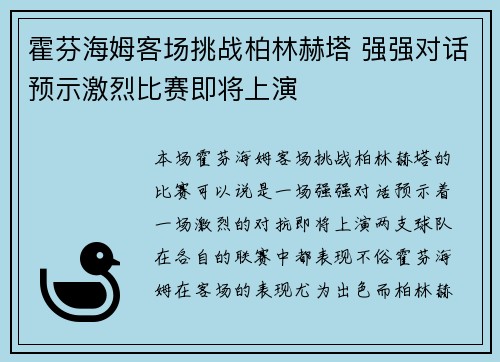 霍芬海姆客场挑战柏林赫塔 强强对话预示激烈比赛即将上演